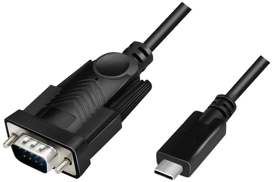 Un câble noir avec un adaptateur VGA d'un côté et un connecteur USB-C de l'autre, placés à plat côte à côte.