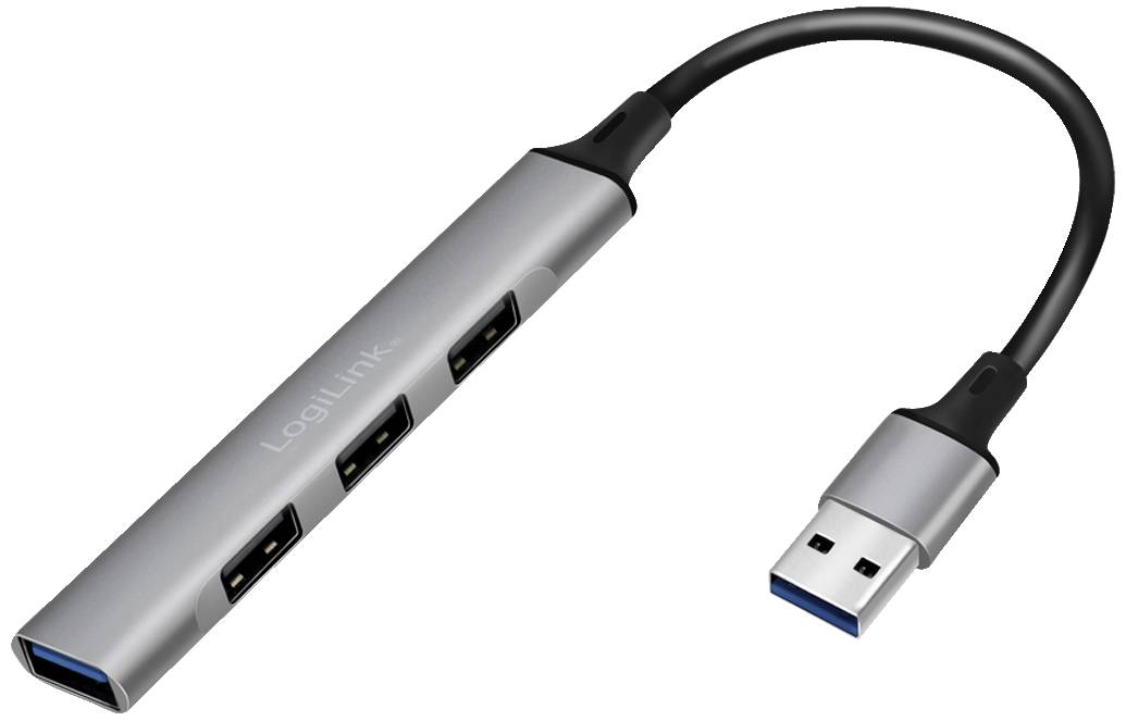 Un hub USB argenté avec trois ports USB sur le côté et un court câble se terminant par une fiche USB.