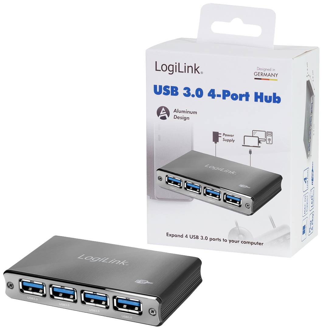 Hub USB 3.0 à 4 ports de LogiLink en design aluminium. L'emballage présente l'image du produit, mentionnant l'alimentation électrique, développé en Allemagne.