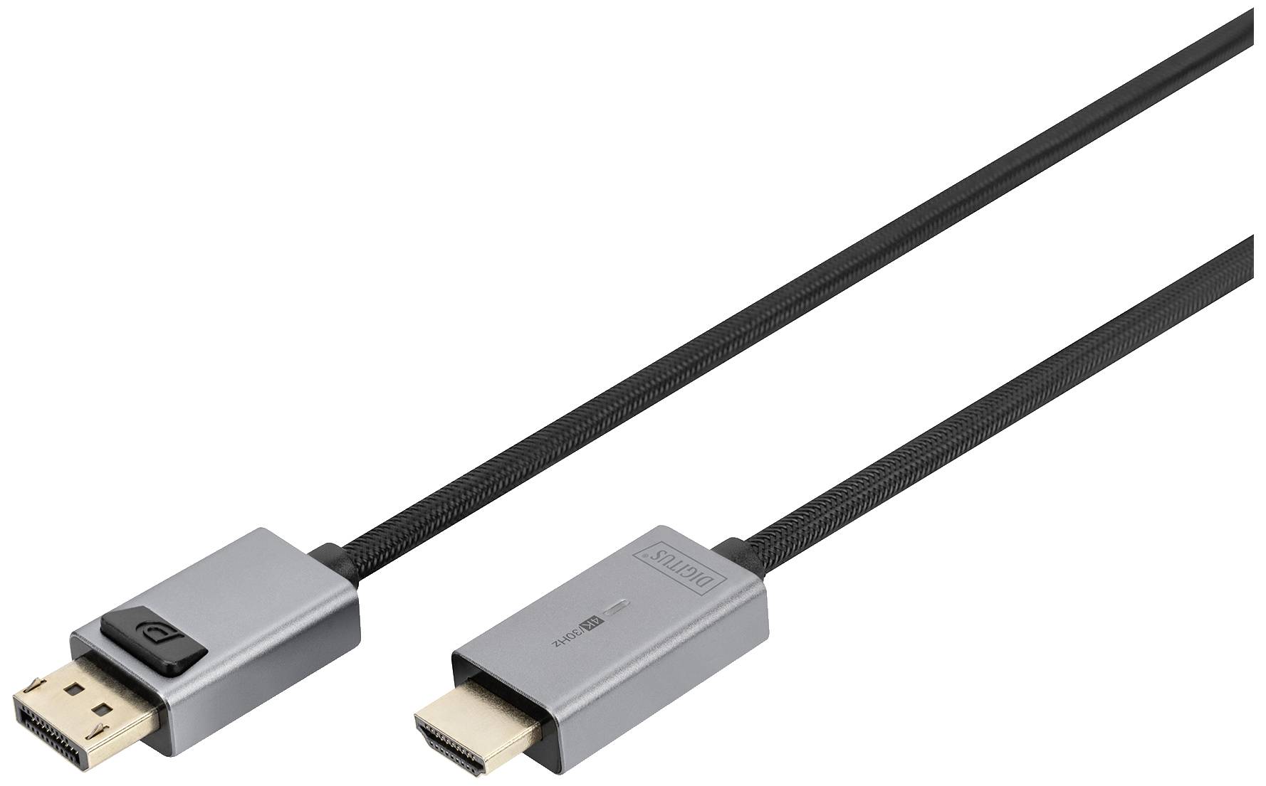 Un câble HDMI vers DisplayPort avec des connecteurs métalliques et un câble noir.