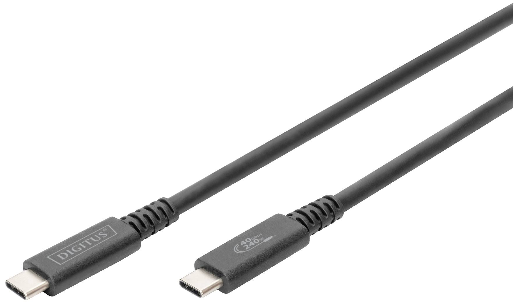 Un câble USB-C noir avec deux connecteurs, adapté au transfert de données et à la charge des appareils.