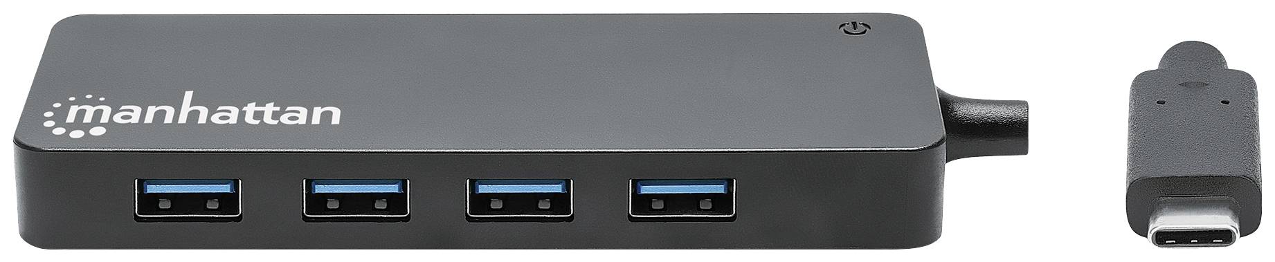 Hub USB avec quatre ports et connecteur USB-C, marque 'Manhattan'. Permet de connecter plusieurs appareils à un port USB-C.
