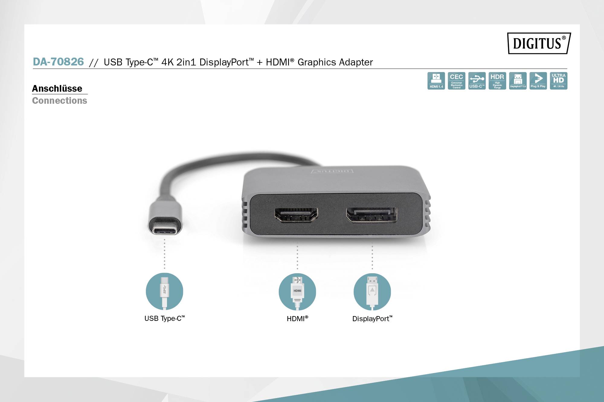 Digitus DA-70826 DisplayPort / HDMI / USB-C® Adaptateur [1x USB-C® - 2x DisplayPort femelle, HDMI femelle] noir blindé, rond 0.2 m