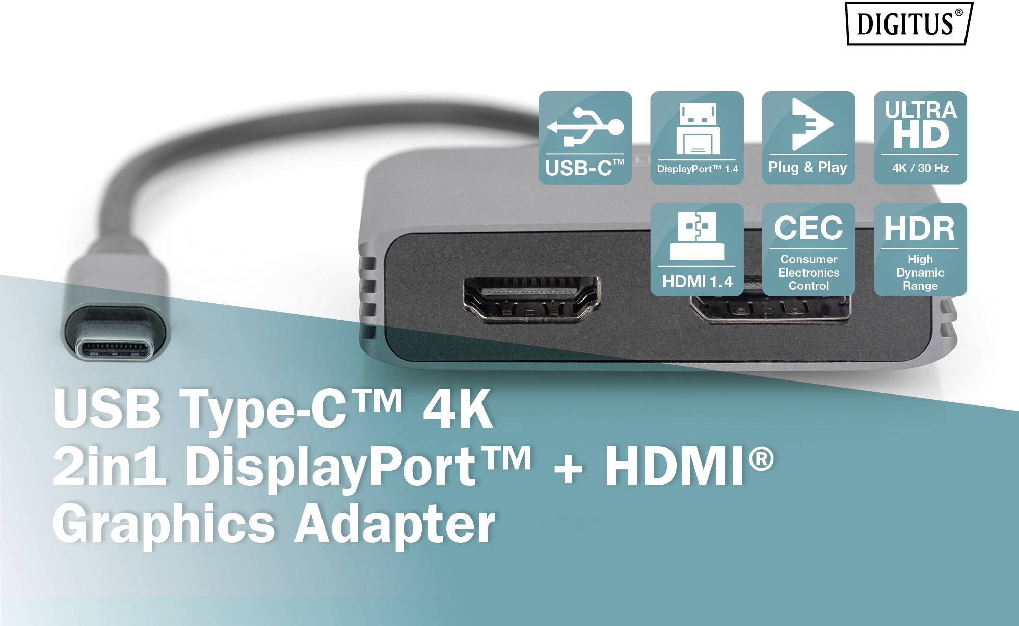 Digitus DA-70826 DisplayPort / HDMI / USB-C® Adaptateur [1x USB-C® - 2x DisplayPort femelle, HDMI femelle] noir blindé, rond 0.2 m