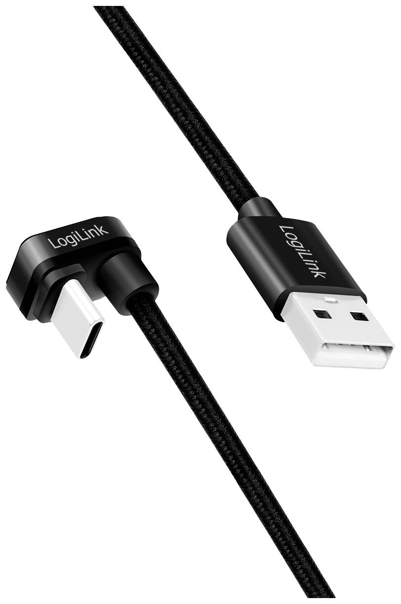 Câble USB de LogiLink avec connecteur USB-C coudé et connecteur USB-A droit, câble textile tressé noir.