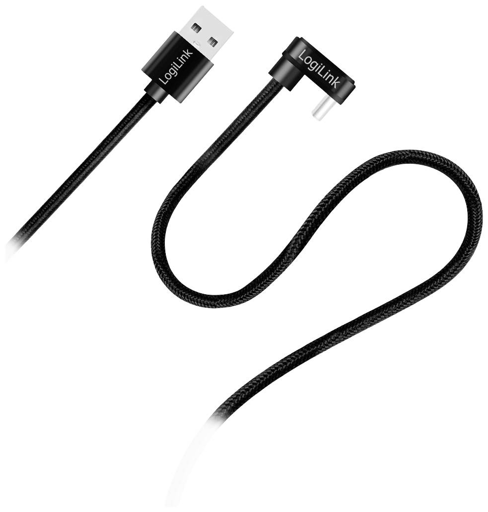 Un câble USB noir avec connecteur Micro-USB à angle droit, produit par LogiLink. Le texte 'LogiLink' est visible sur les deux fiches.