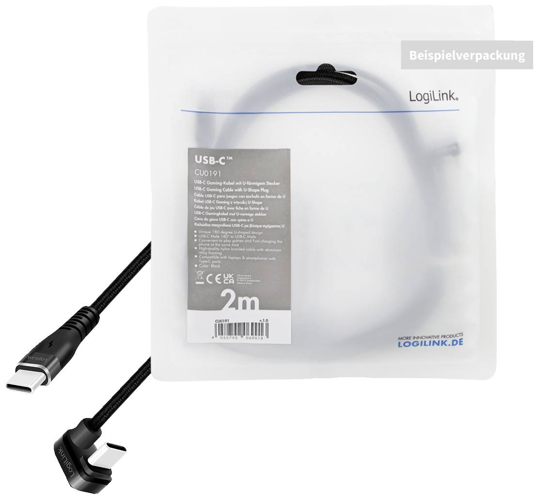 Un câble USB-C noir de LogiLink, long de 2 mètres, dans un emballage transparent.