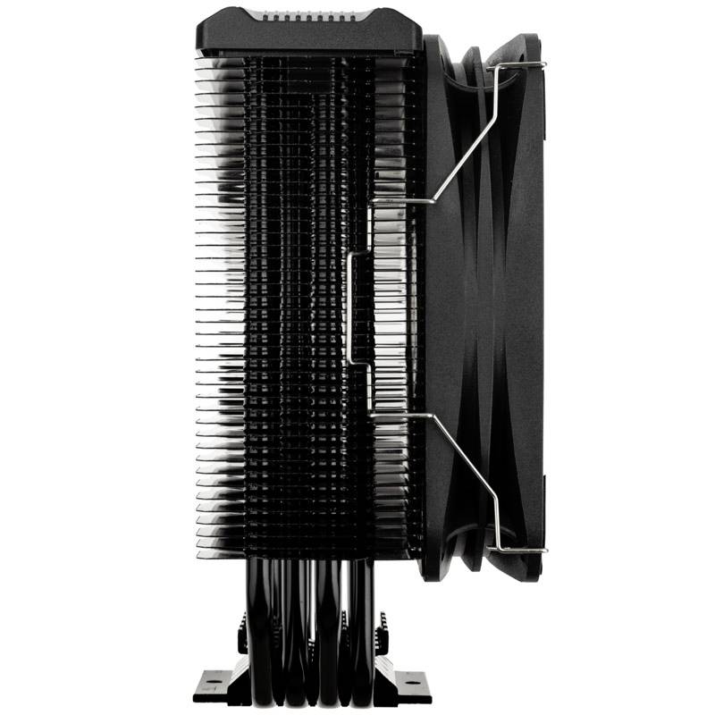 Un dissipateur thermique noir pour processeur avec des ailettes verticales et un ventilateur sur le côté, utilisé pour refroidir les processeurs d'ordinateur.
