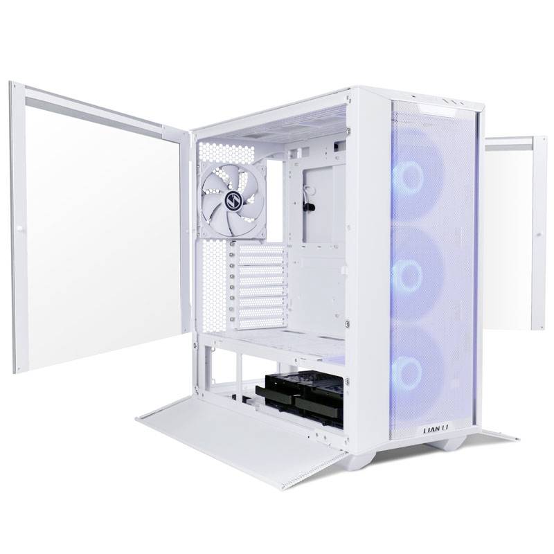 Boîtier PC blanc ouvert avec trois ventilateurs LED bleus à l'avant et un sur la paroi arrière, montrant l'intérieur et l'emplacement des ventilateurs.