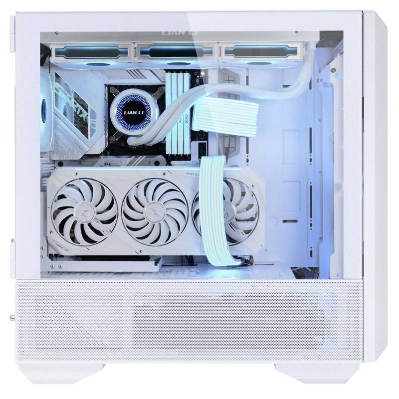 Un boîtier d'ordinateur ouvert et éclairé révèle des ventilateurs et des câbles dans des tons bleus, avec du matériel informatique visiblement installé.