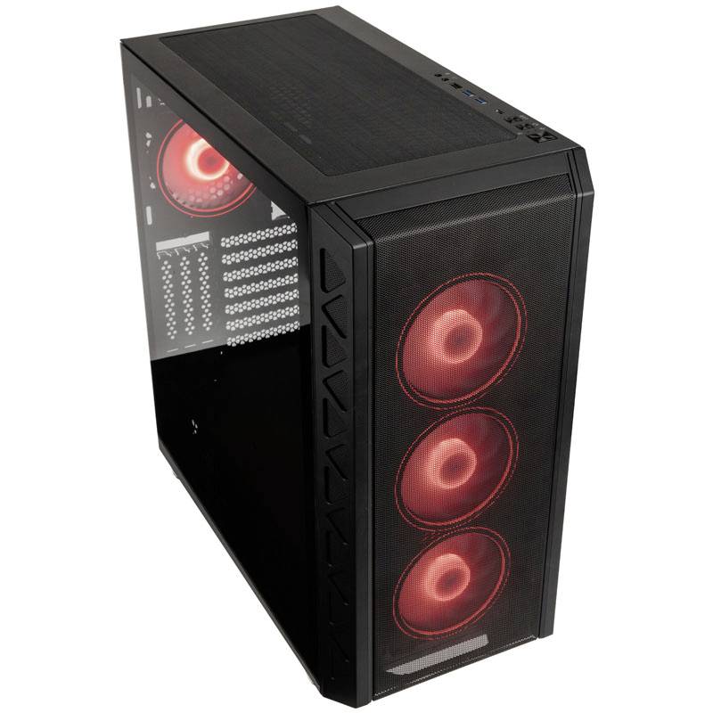 Un boîtier PC noir avec quatre ventilateurs éclairés en rouge, trois à l'avant et un à l'arrière. En haut se trouvent des ports USB.