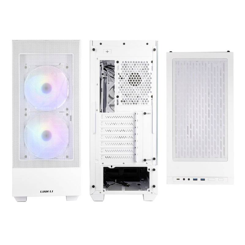 Trois vues d'un boîtier d'ordinateur blanc avec des ventilateurs RGB à l'avant, une zone ouverte à l'arrière et des ports sur le dessus.