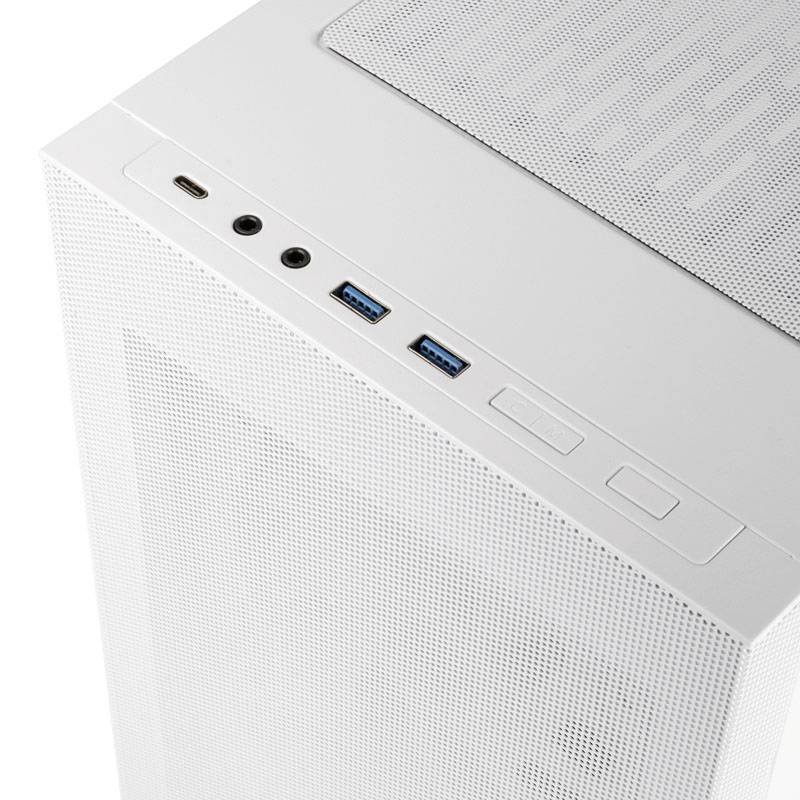 Boîtier d'ordinateur blanc avec ports USB, prises audio et une grille supérieure perforée pour la ventilation.