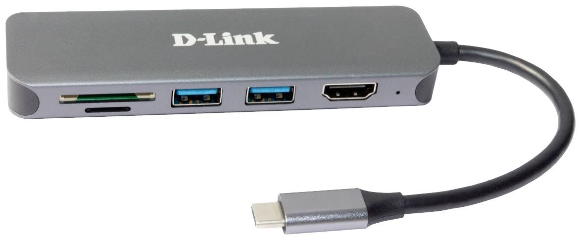 Un hub USB-C gris D-Link avec des ports pour carte SD, deux ports USB et HDMI. Illustre la diversité des options de connexion pour les appareils.