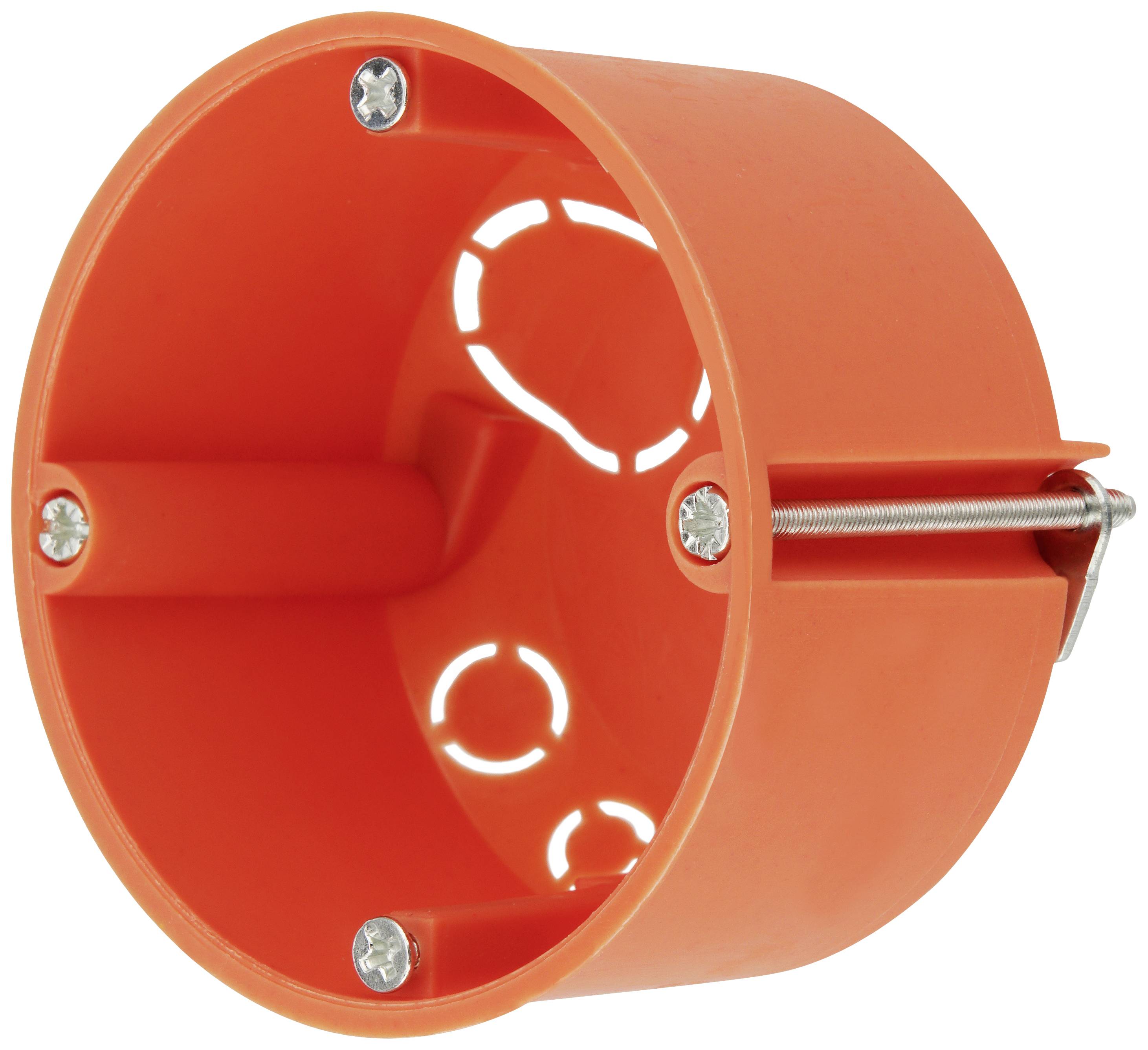 Boîte de dérivation encastrée orange en plastique, équipée de quatre vis métalliques pour la fixation. Adaptée pour l'installation de composants électriques.