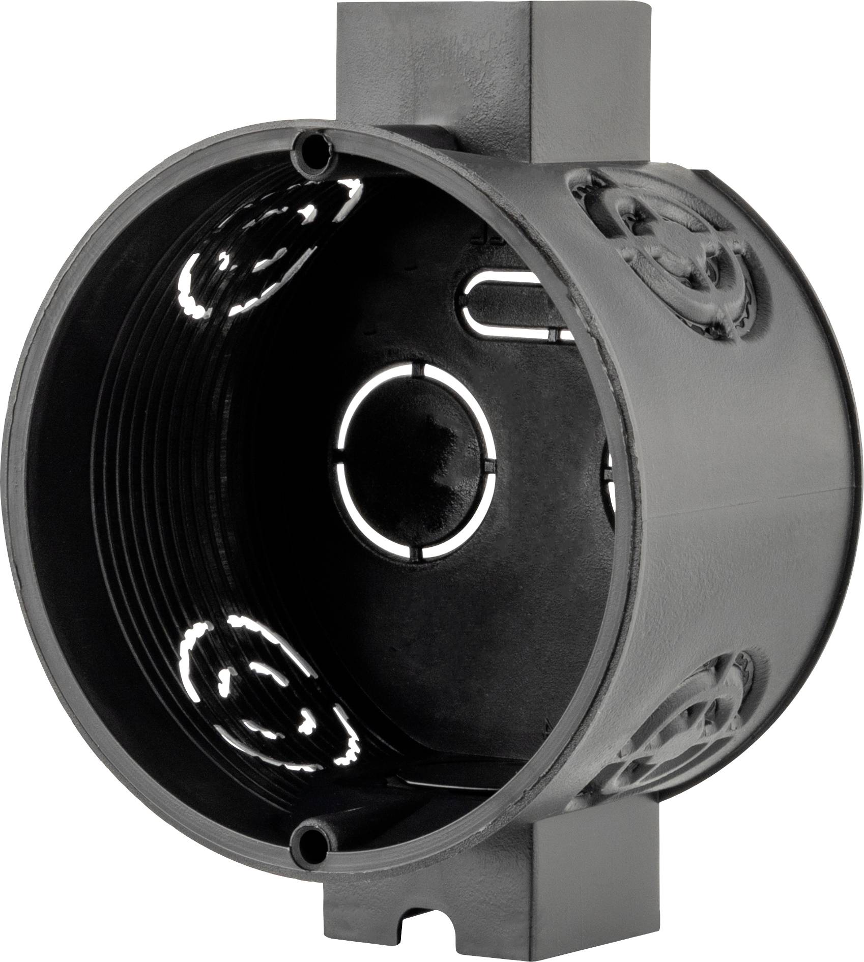 Boîtier cylindrique vide en plastique noir avec ouvertures et surface lisse, destiné à être installé dans les murs.