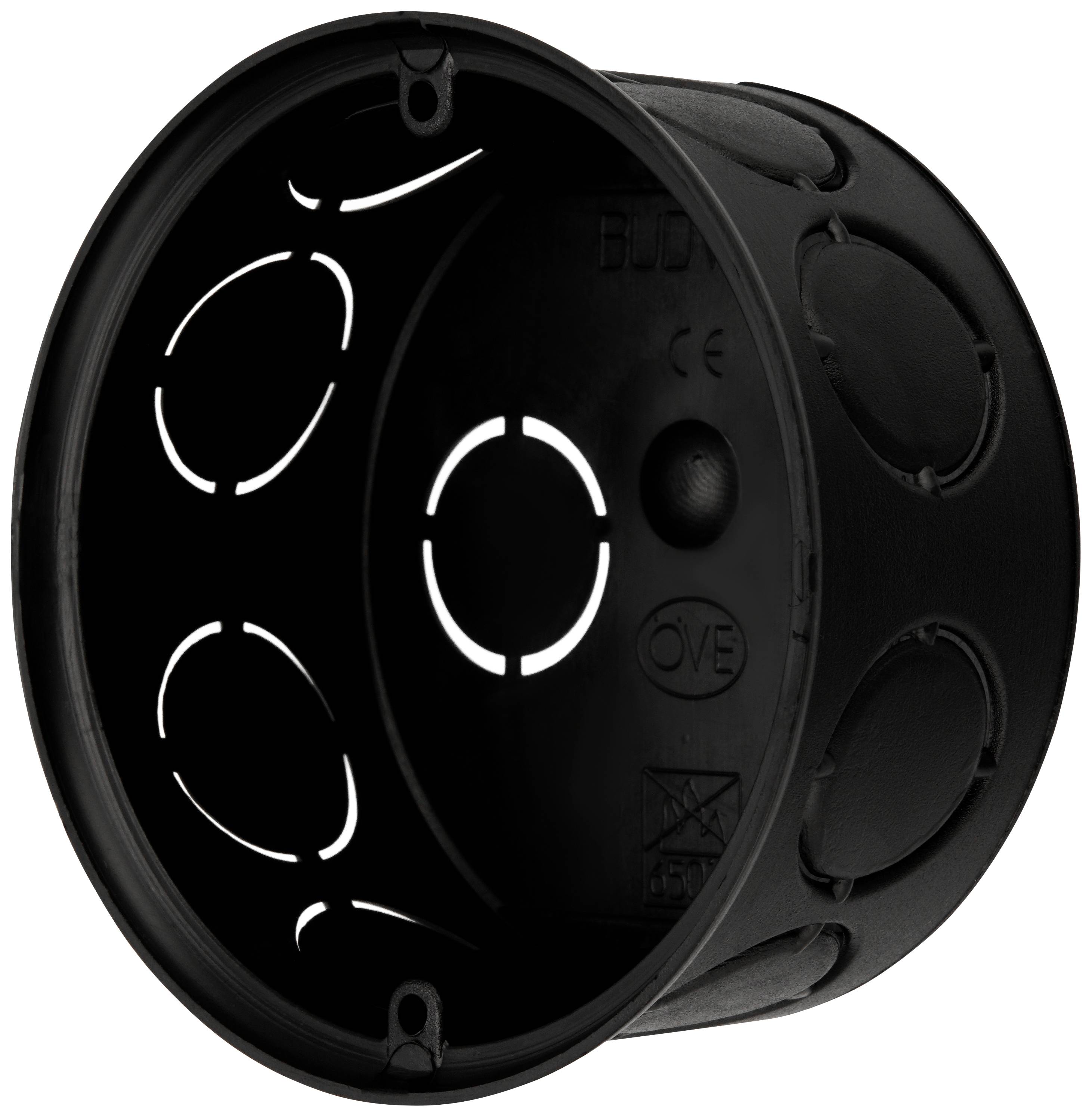 Boîte de dérivation ronde noire à parois creuses avec plusieurs ouvertures, adaptée aux installations électriques dans les cloisons sèches.