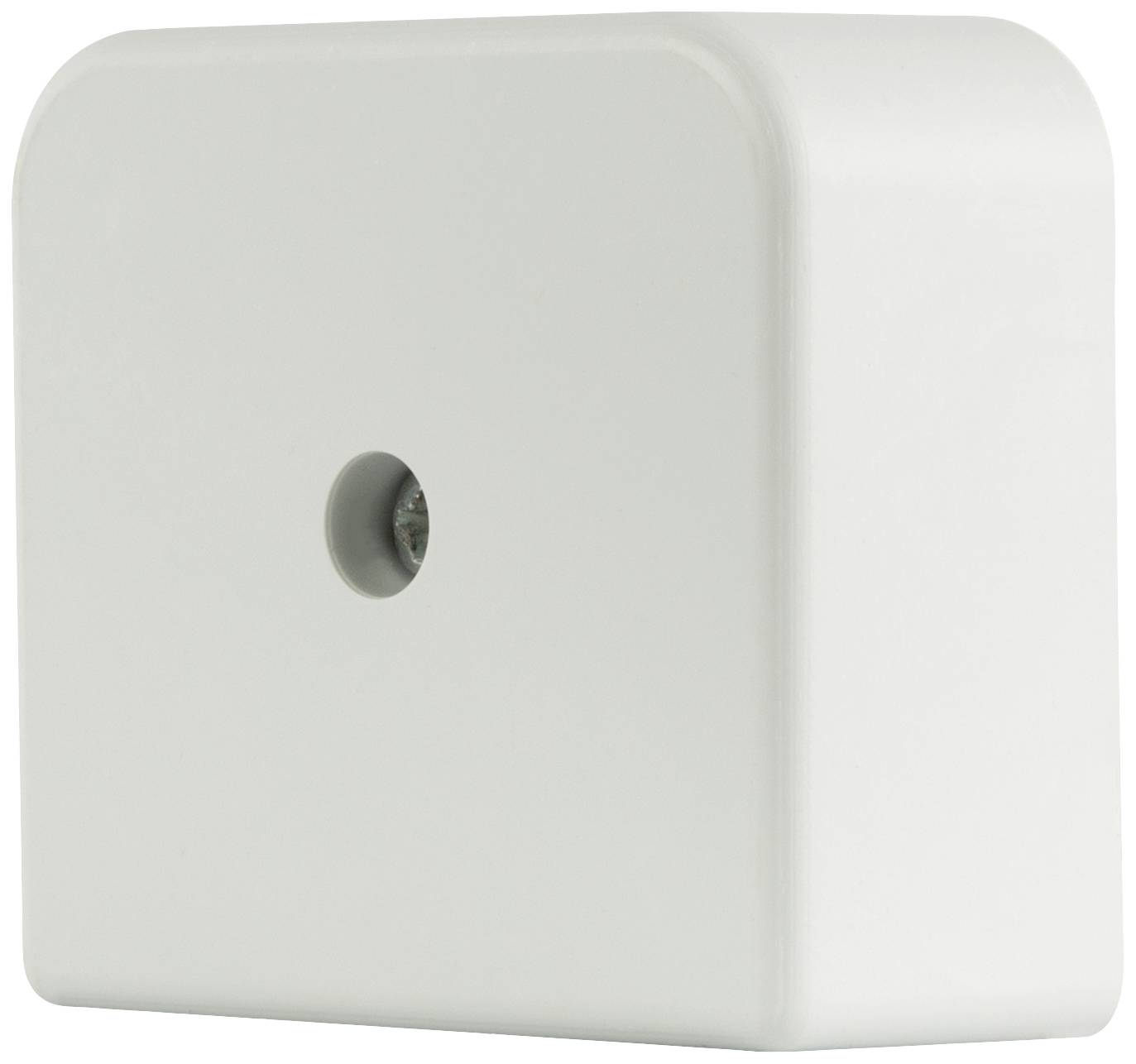 Un boîtier blanc, carré, avec des coins arrondis et un petit trou central sur la face avant.