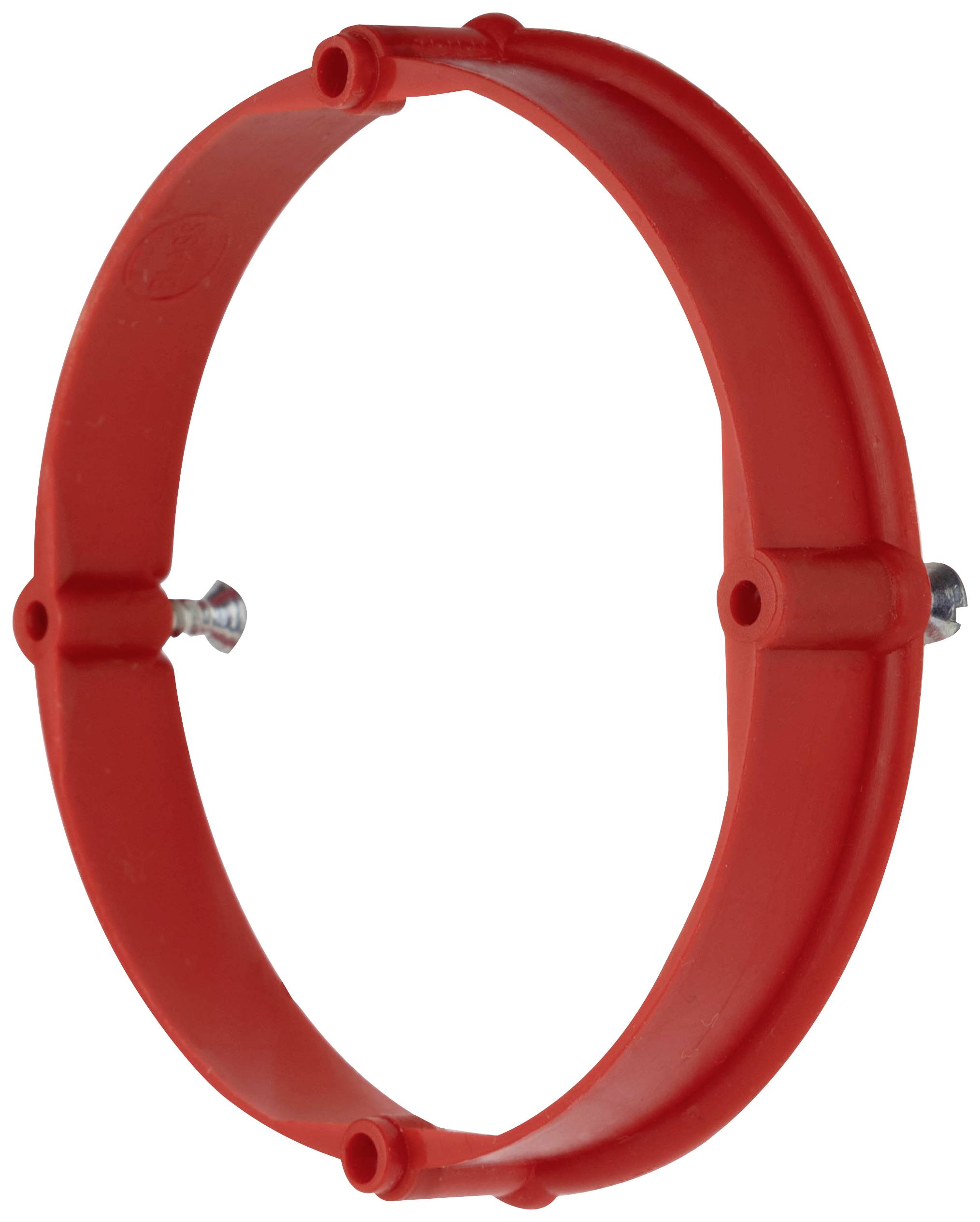 Anneau en plastique rouge avec quatre trous symétriquement disposés et un boulon métallique attaché. Principalement utilisé à des fins de fixation.