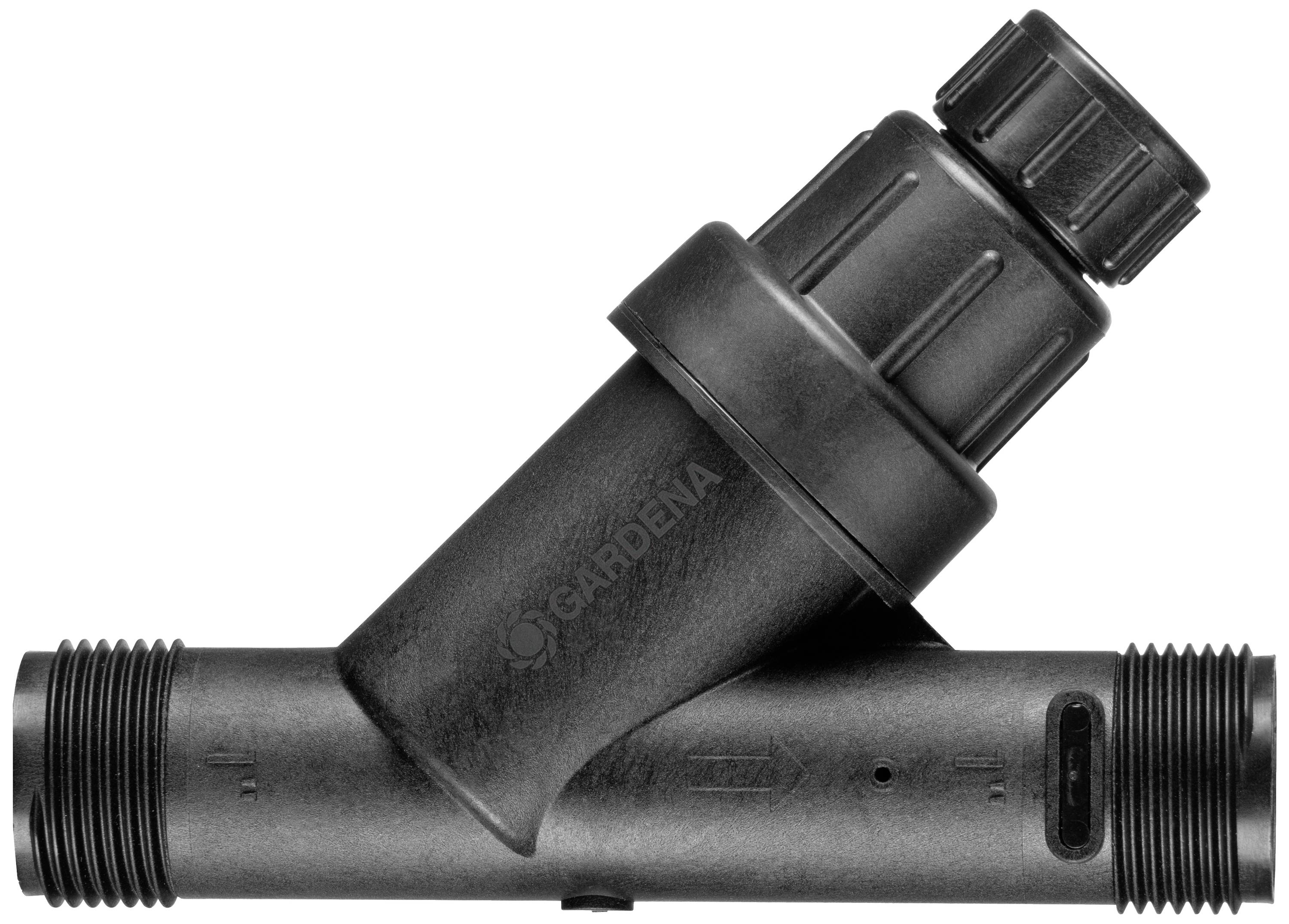 Filtre en plastique pour systèmes d'irrigation, noir, avec filetage de raccordement et bouchon à vis pour le nettoyage, disposé en biais.