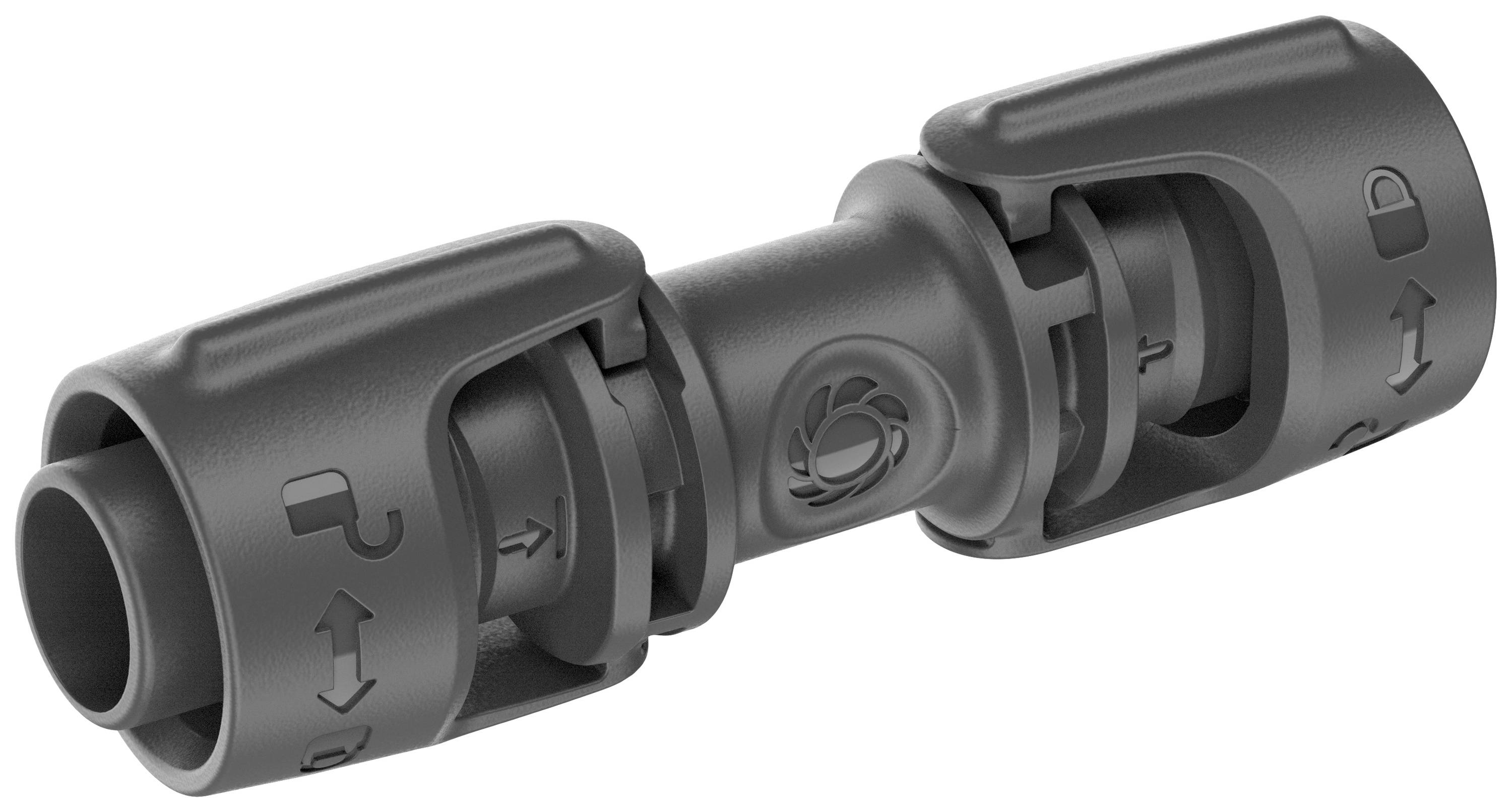 Élément de connexion technique en plastique avec des symboles de flèches et des motifs de verrouillage de sécurité. Utilisé pour les tuyaux ou les tubes.