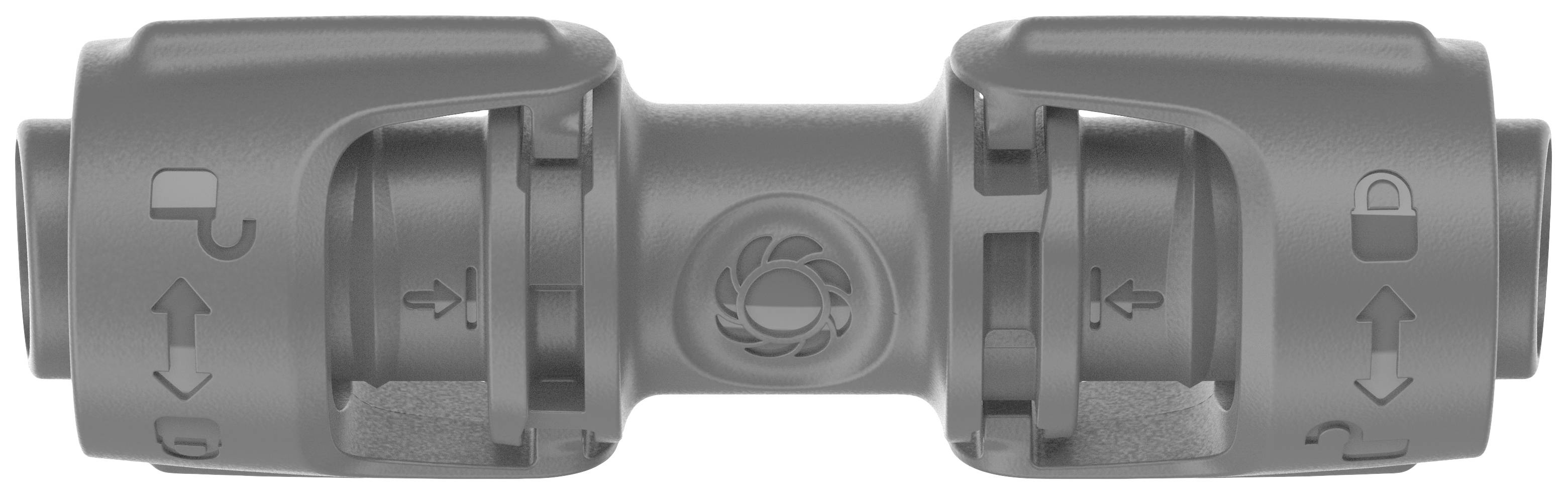 Connecteur cylindrique gris en plastique avec des symboles de flèches et un symbole de verrou, probablement un mécanisme de connexion.