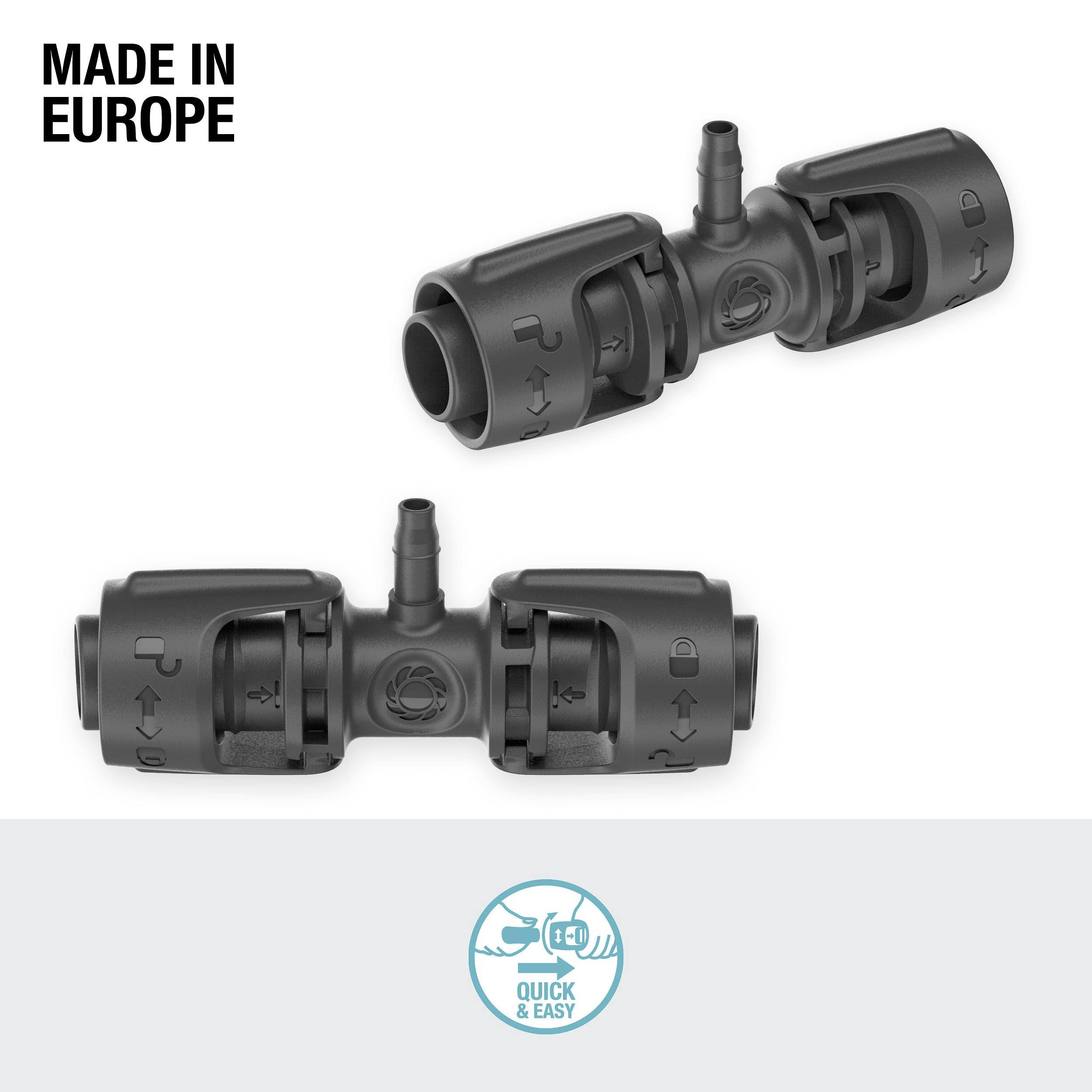 Raccords de compression 'Irritec' avec deux connecteurs de tuyau en plastique noir comportant des marquages fléchés, étiquetés « Fabriqué en Europe » et « Rapide et Facile ».