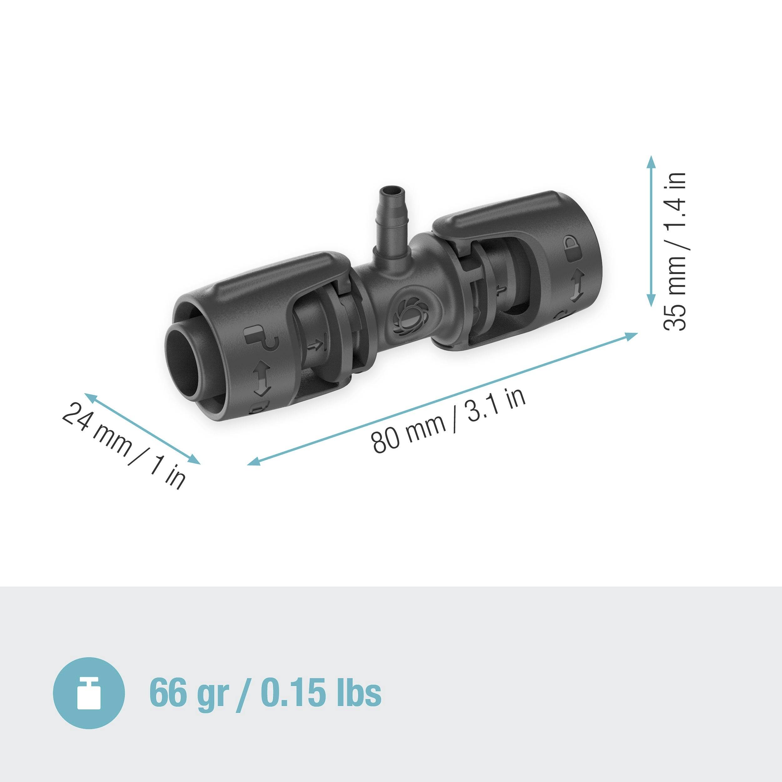 Dimensions du connecteur : 80 mm (3,1 po) de longueur, 35 mm (1,4 po) de diamètre ; poids : 66 g (0,15 lb).