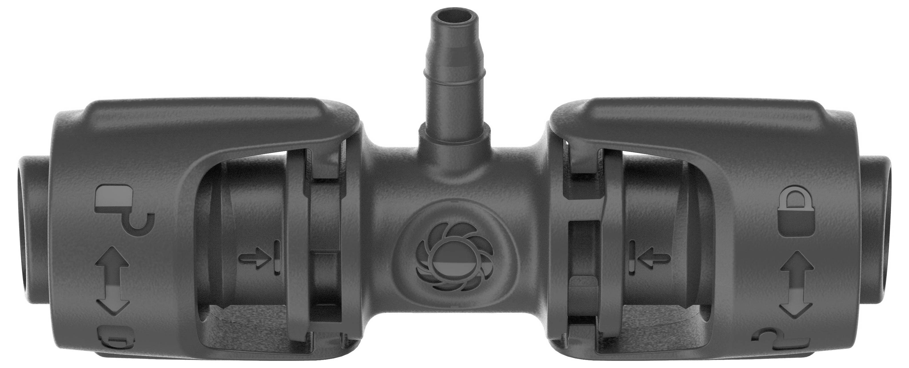 Un connecteur en tube plastique noir avec des symboles indiquant les positions de verrouillage et de déverrouillage, utilisé pour raccorder ou déconnecter des tuyaux ou des canalisations.