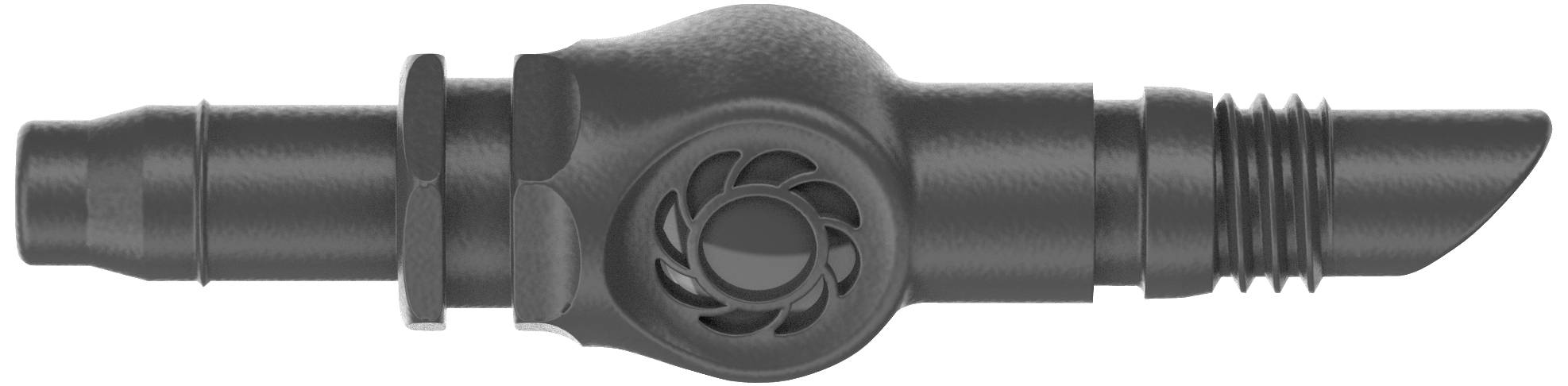 Valve en métal avec un motif en spirale et un bout cannelé, probablement partie intégrante d'un dispositif technique ou mécanique.