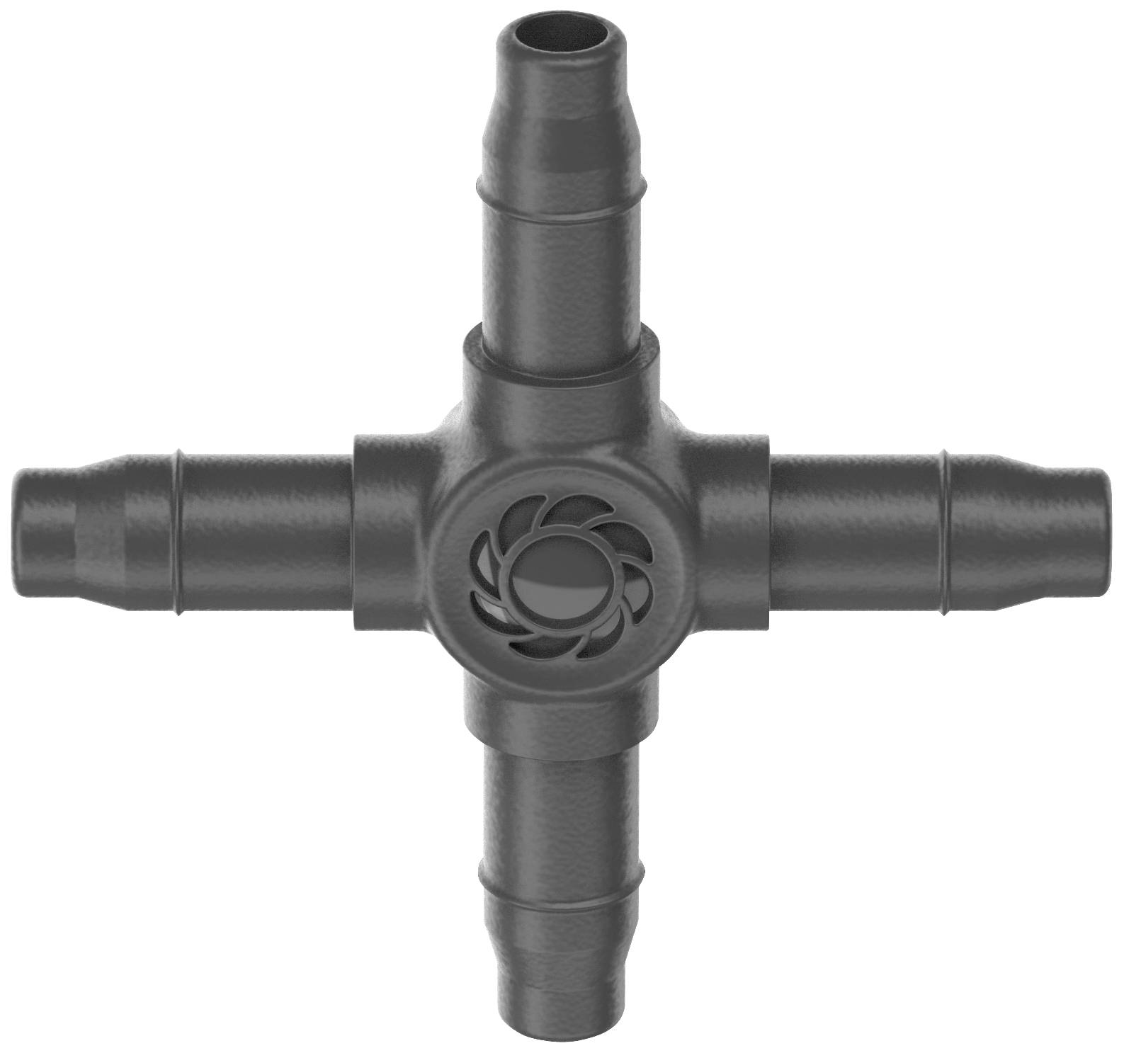 Un connecteur en croix noir en plastique avec quatre raccordements et un motif de design central. Utilisé dans les systèmes d'irrigation.