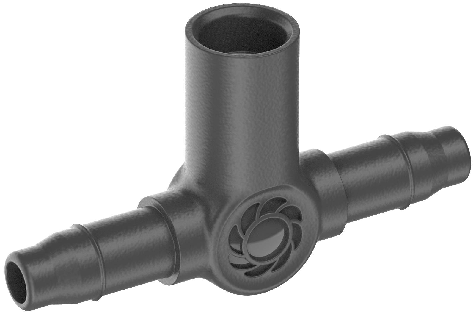 Un raccord en plastique gris en forme de T avec trois connexions, conçu pour les conduites de liquides ou de gaz.