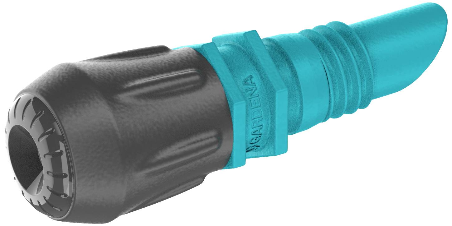 Un embout de tuyau d'arrosage bleu clair et noir au design ergonomique. Adapté pour un arrosage précis dans le jardin.