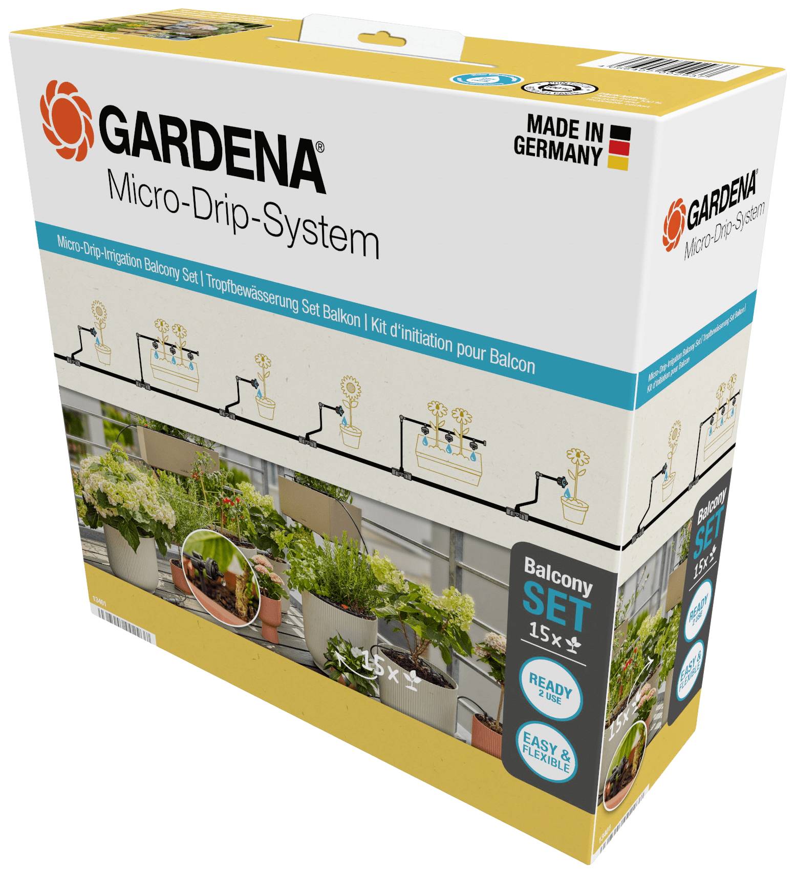 Emballage du 'Système Micro-Drip de Gardena', présentant un ensemble de système d'irrigation pour balcons. Comprend une image de jardinières avec des tuyaux d'irrigation.