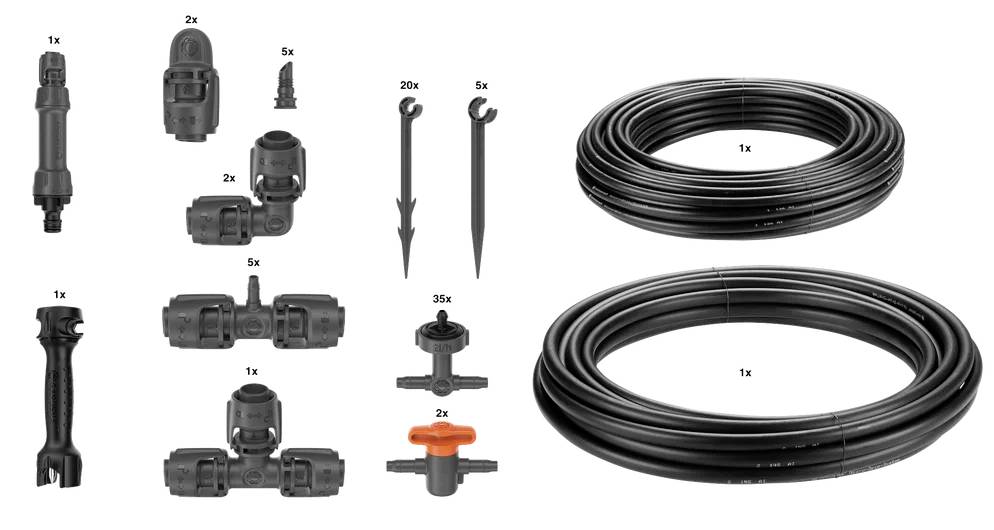 Kit d'irrigation : composants, connecteurs, piquets, tuyauterie. Comprend 35 connecteurs, 20 piquets et de grandes sections de tuyaux enroulés pour une utilisation dans le jardin.