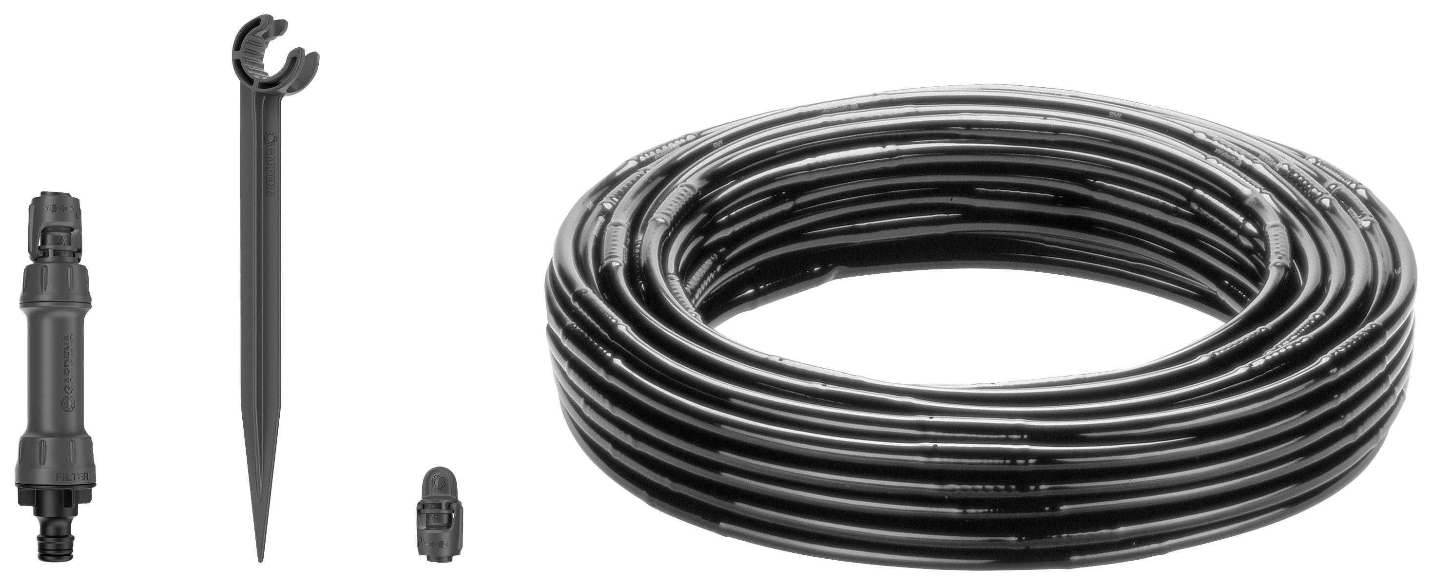 Kit d'irrigation de jardin : tuyau goutte-à-goutte, lance d'arrosage, élément de connexion. Idéal pour l'arrosage efficace des plantes.