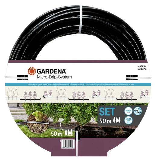 Un emballage circulaire du 'Système Micro-Goutte Gardena' pour l'irrigation, présentant 50 mètres de tuyauterie, adapté aux installations d'arrosage de jardin.