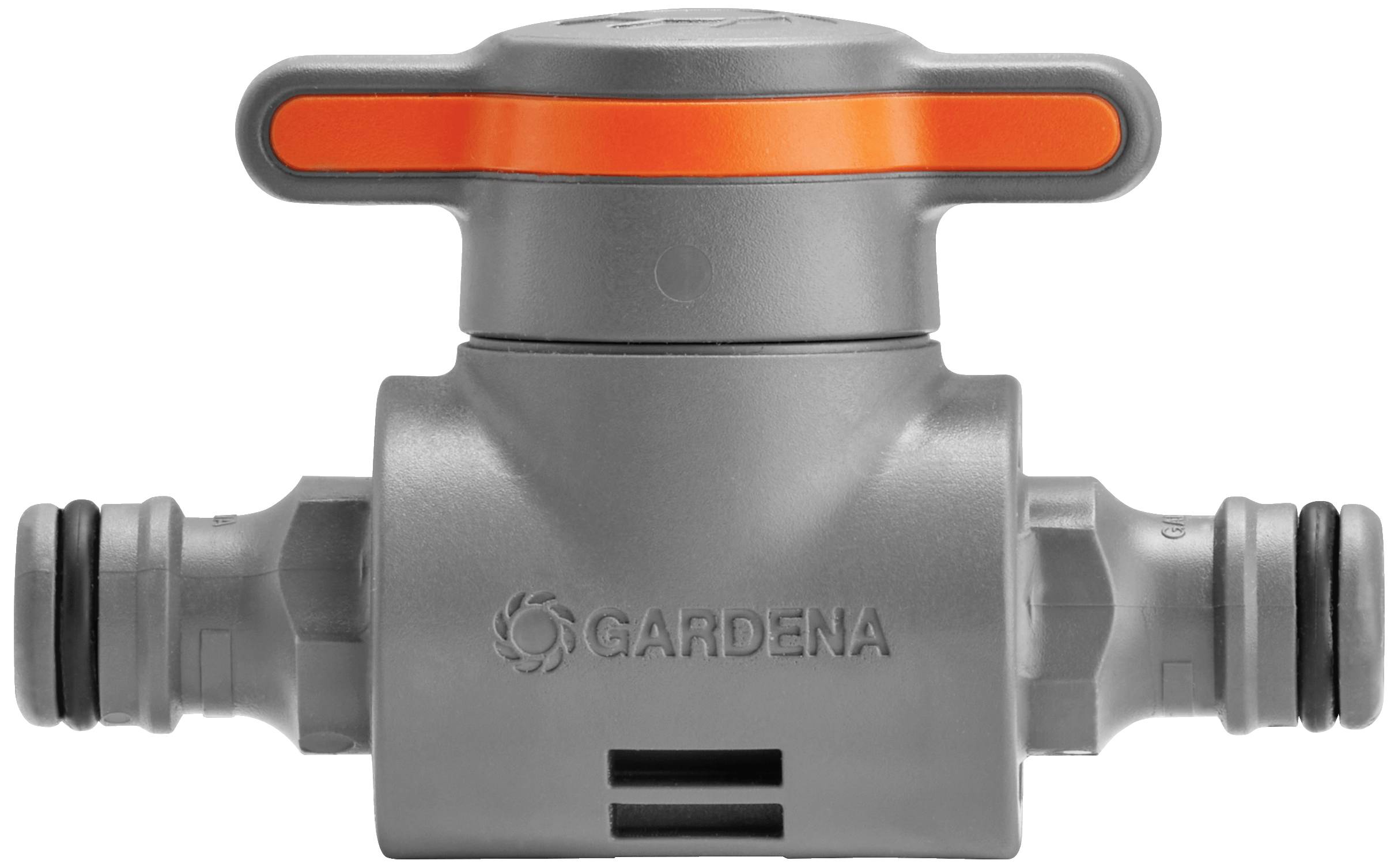 'Arrêt d'eau gris avec levier orange et deux raccords, marque Gardena. Utilisé pour contrôler le débit d'eau dans le tuyau d'arrosage.'