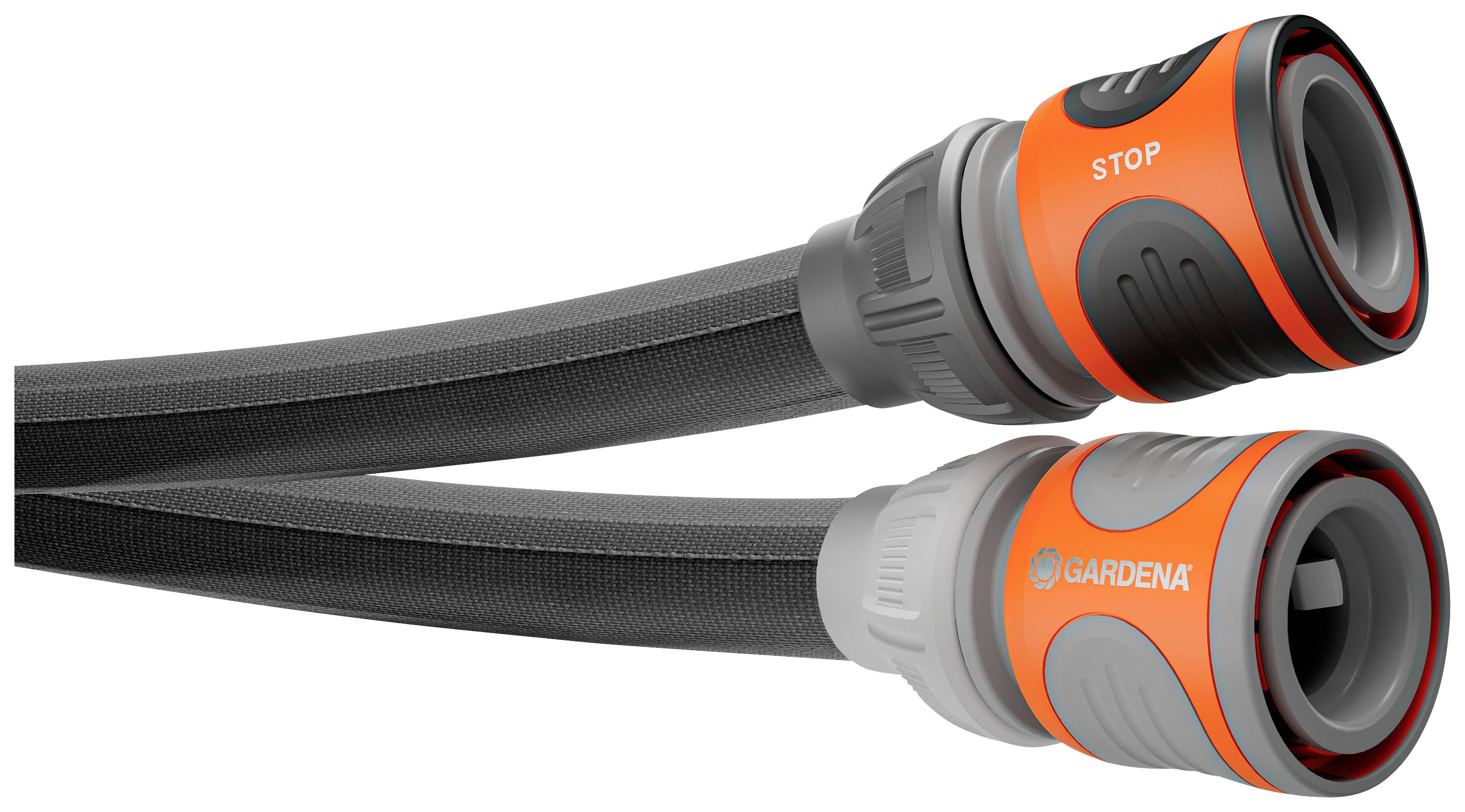 Deux raccords de tuyau d'arrosage, dont un marqué 'STOP', tous deux en gris et orange. Ils sont connectés l'un à l'autre.