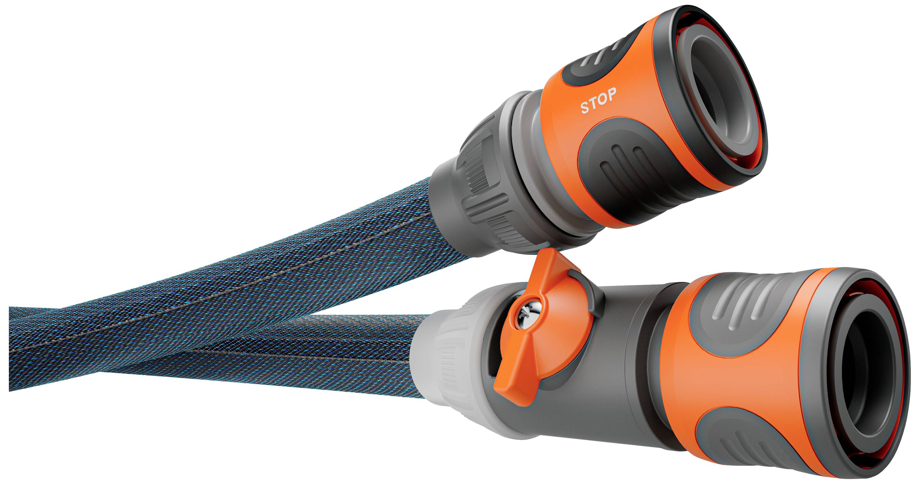 Deux tuyaux d'arrosage connectés avec des raccords orange, dont l'un porte une marque 'STOP', illustrent des fonctions d'arrêt de l'eau.