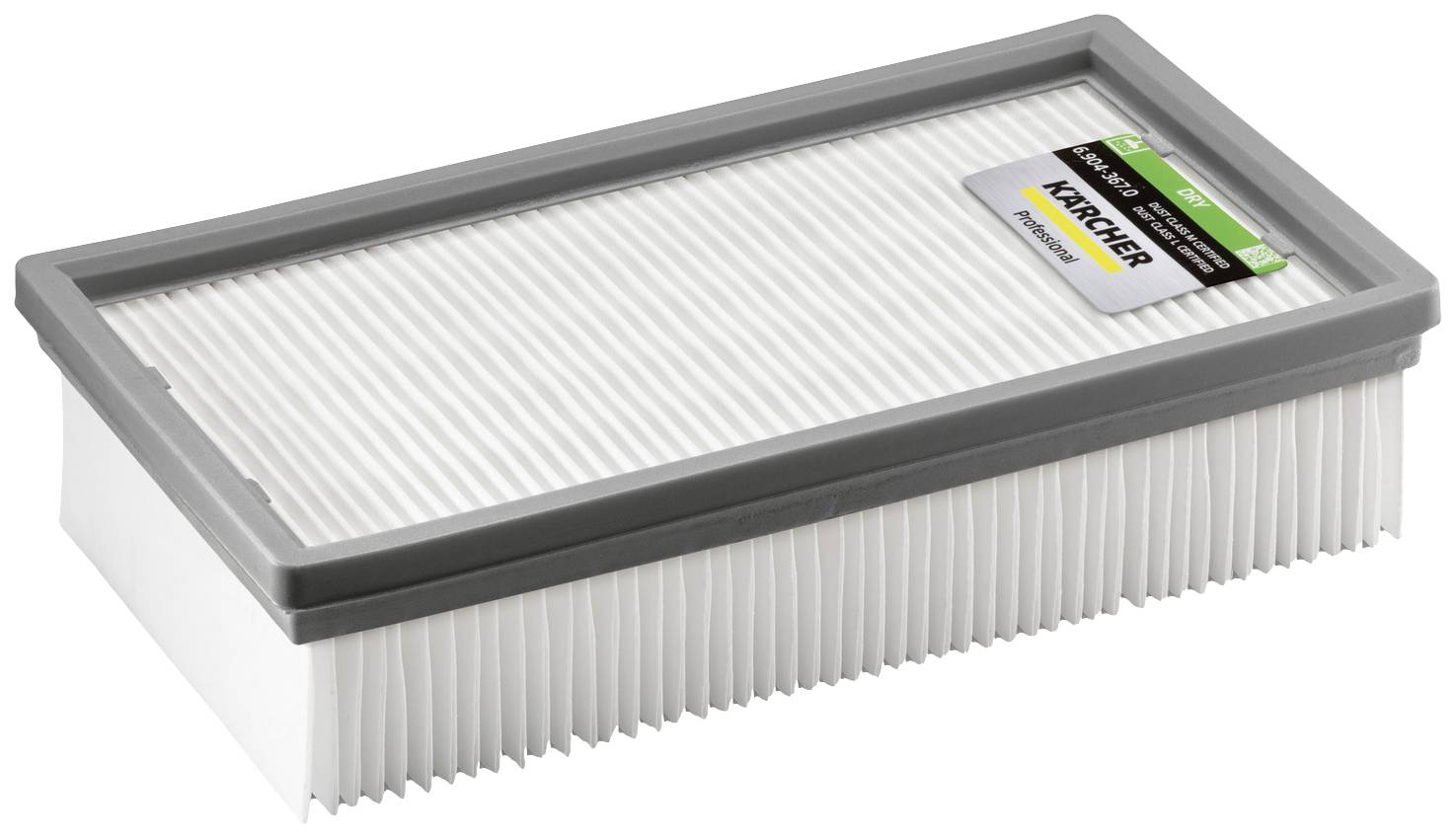 Filtre HEPA rectangulaire de Kärcher, principalement blanc avec un bord gris, posé sur une surface claire.