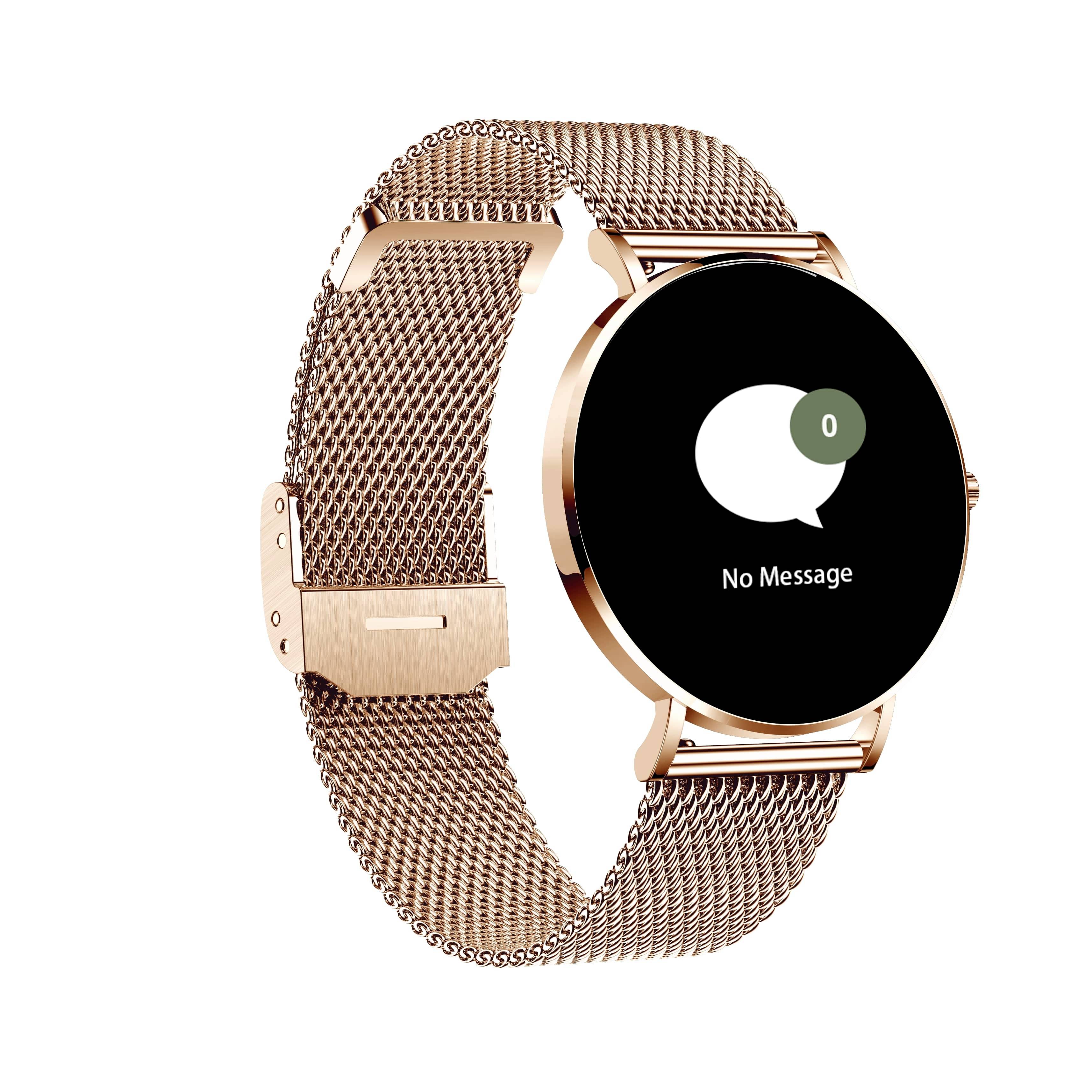 Une élégante montre connectée dorée affiche une application de messages avec l'indication '0 messages' sur un cadran noir.