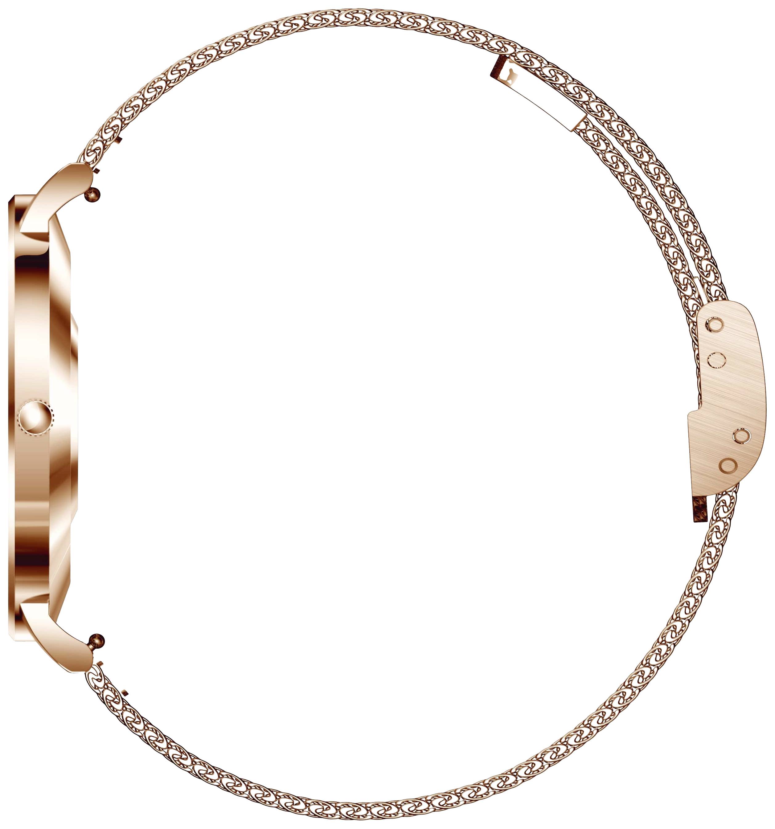 Montre-bracelet avec boîtier en or rose et bracelet filigrane, vue latérale révélant un design élégant.