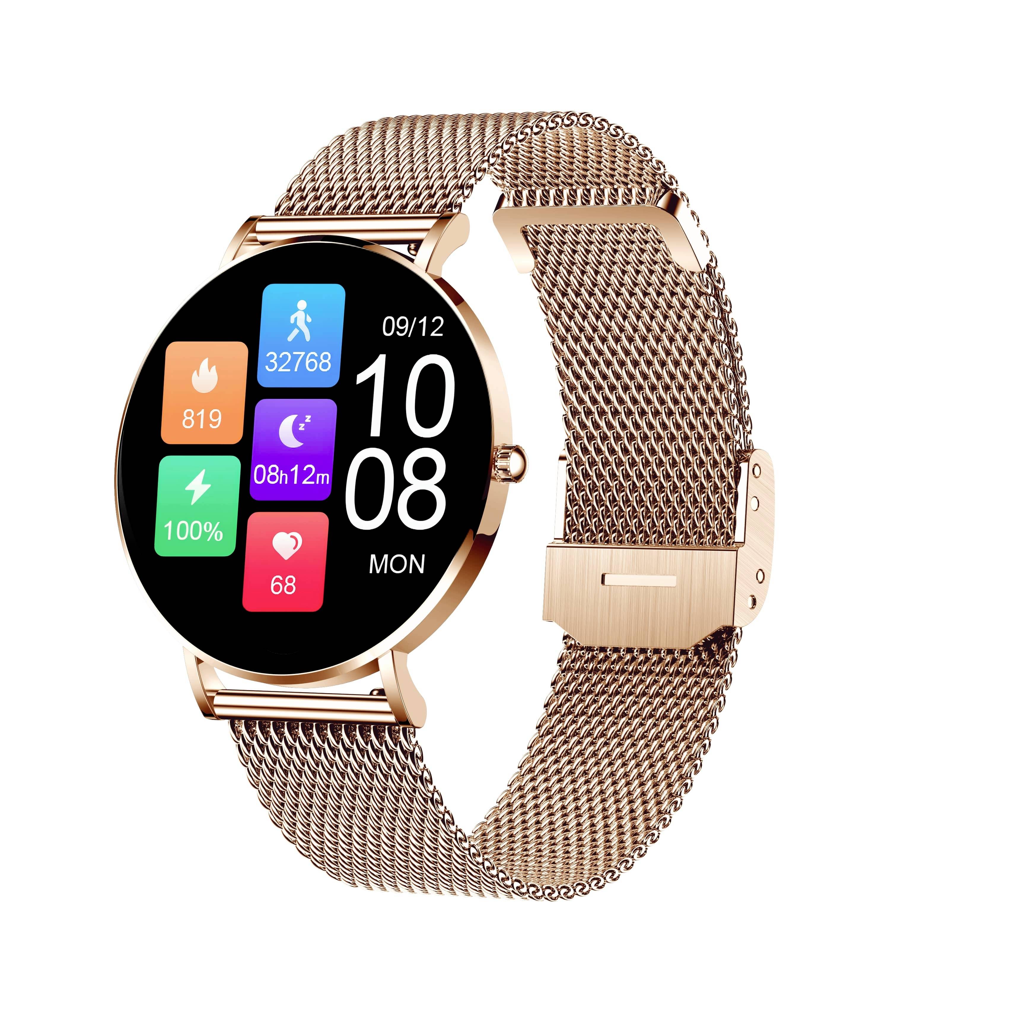 Une montre connectée dorée à écran rond affiche des données de santé et de fitness : pas, calories, fréquence cardiaque, date et heure.
