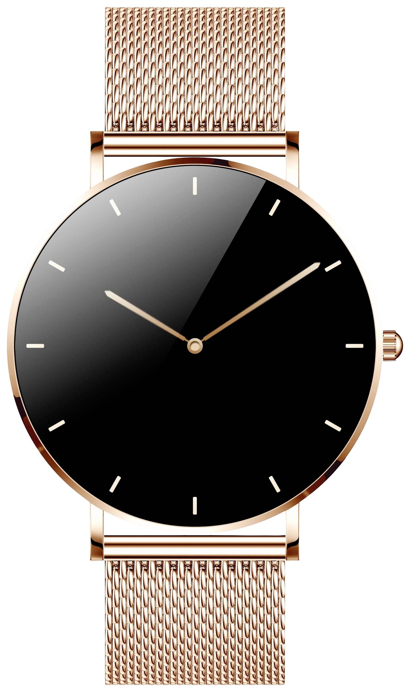 Montre-bracelet avec cadran noir et bracelet en métal doré, design minimaliste.