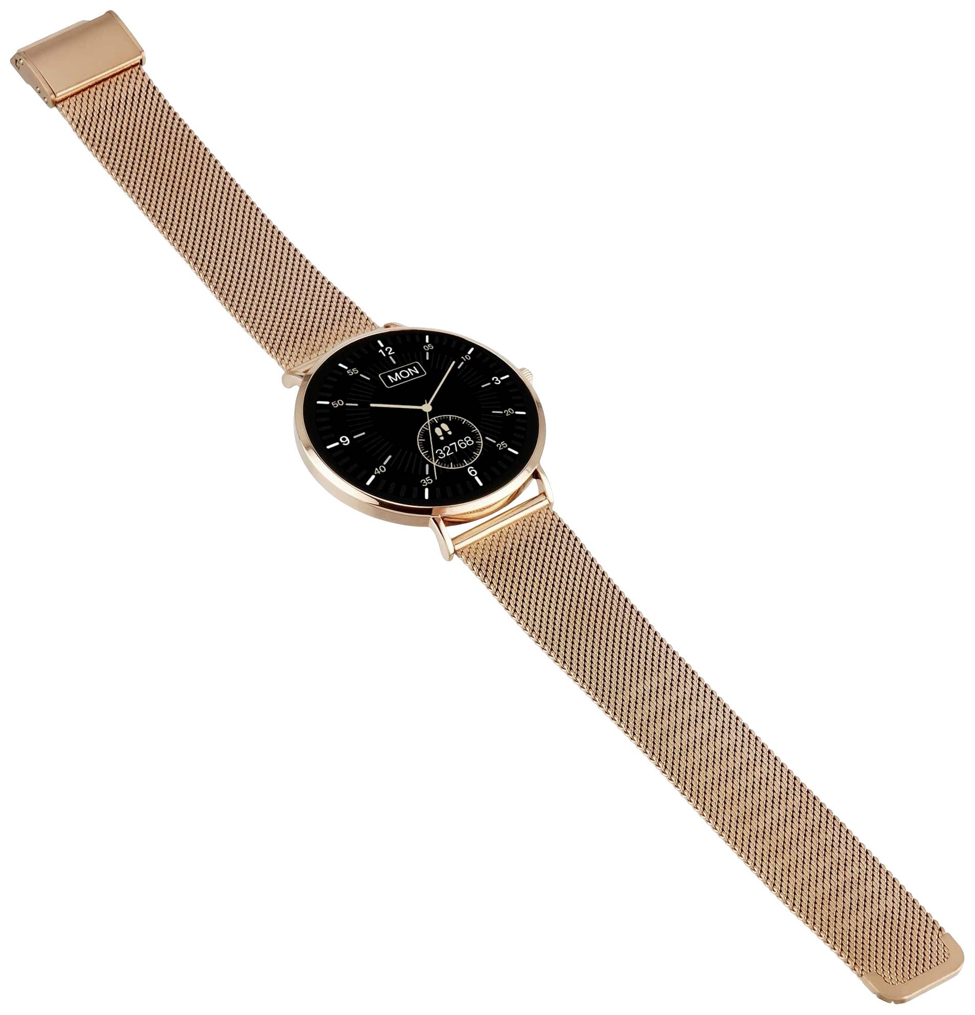 Montre-bracelet dorée rose avec cadran noir, affichage du jour et de la date. Boîtier et bracelet en maille d'acier inoxydable.