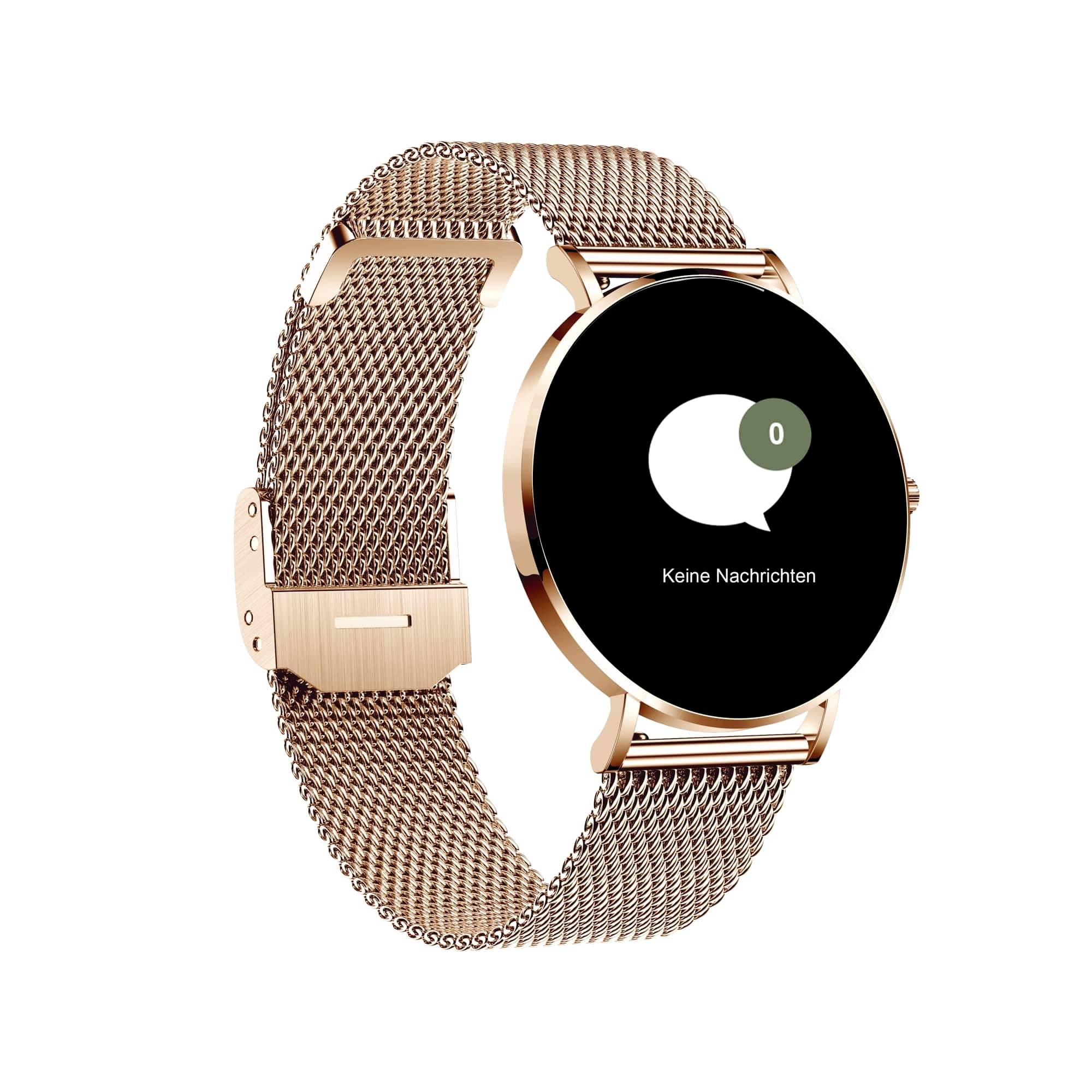 Montre connectée dorée avec bracelet en maille affichant 'Aucun message' sur l'écran et une bulle de dialogue avec '0'.
