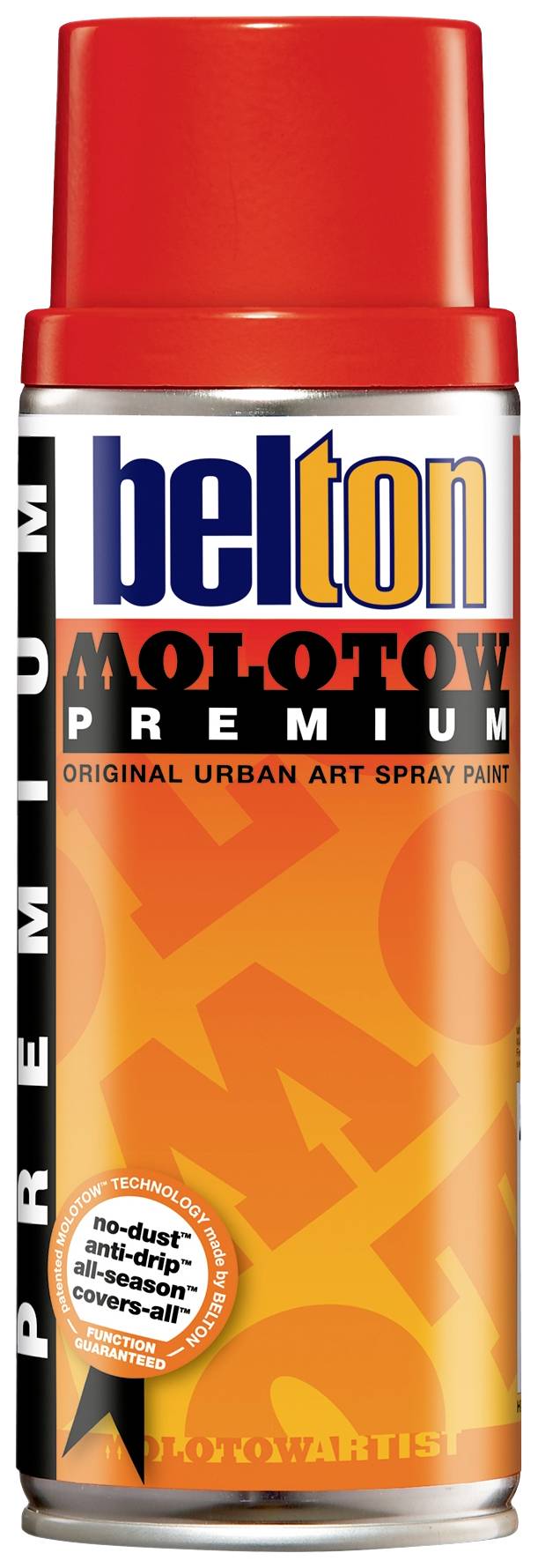 Bombe de peinture en spray 'Belton Molotow Premium' avec un capuchon orange, une étiquette orange et le texte 'Original Urban Art Spray Paint' en noir.