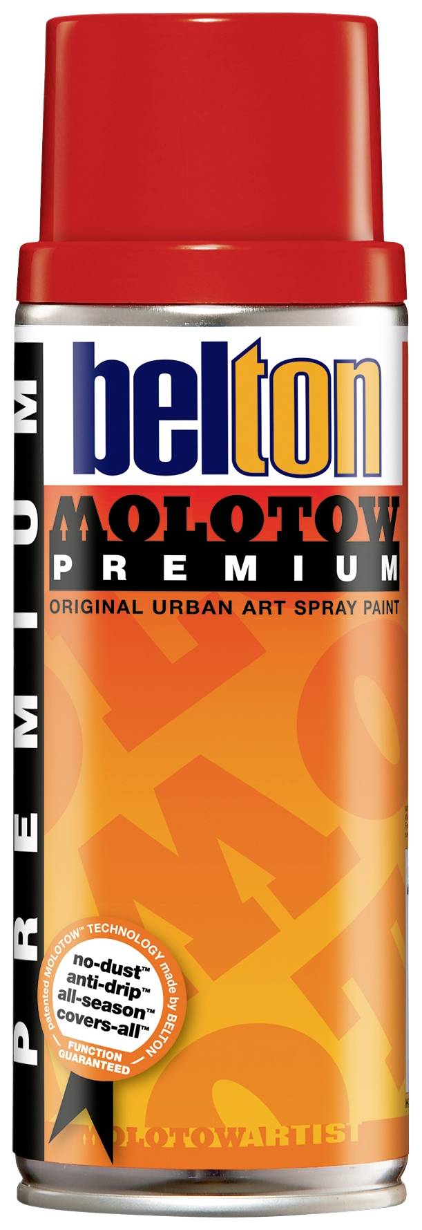 Une bombe aérosol portant l'inscription 'belton Molotow Premium', adaptée aux œuvres d'art urbain. La bombe est conçue dans des tons orange et rouge.