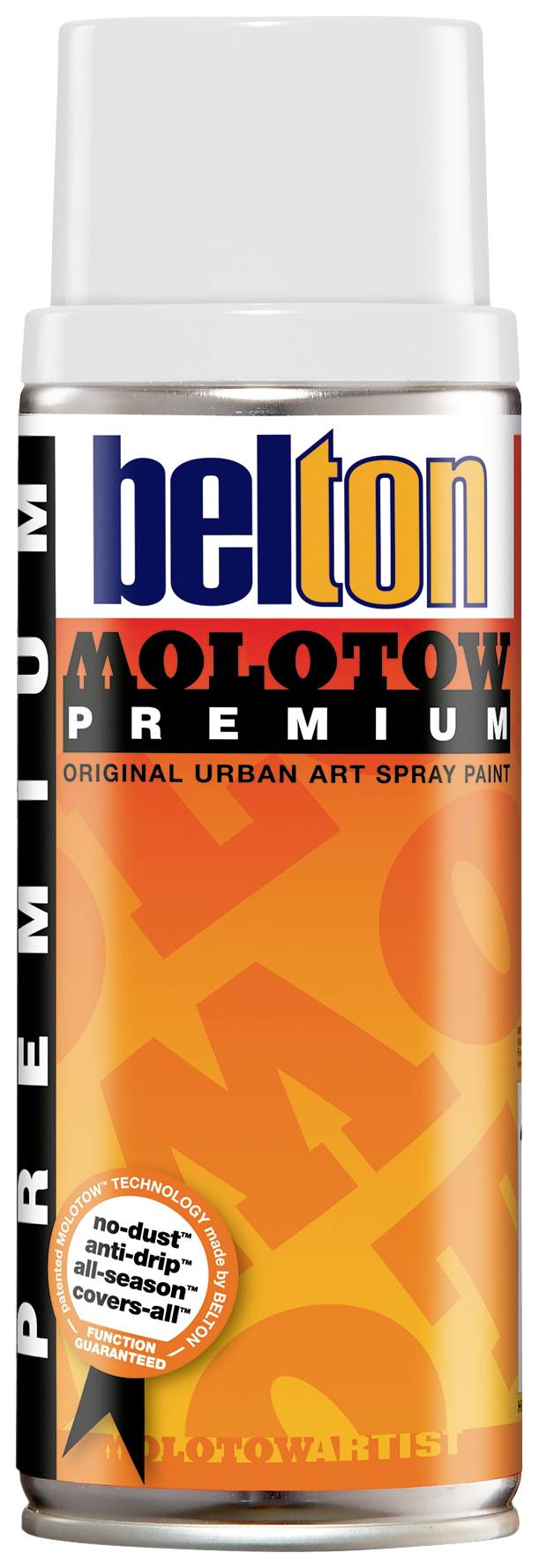 Une bombe aérosol portant l'inscription 'belton Molotow Premium', Peinture en spray Urban Art Originale. Emballage orange, capuchon blanc.